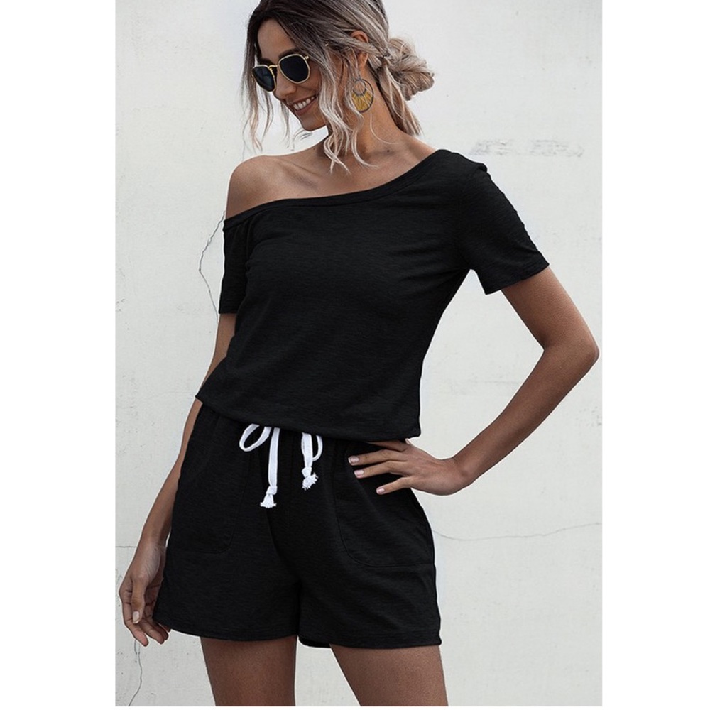 One Shoulder Black Shorts Romper